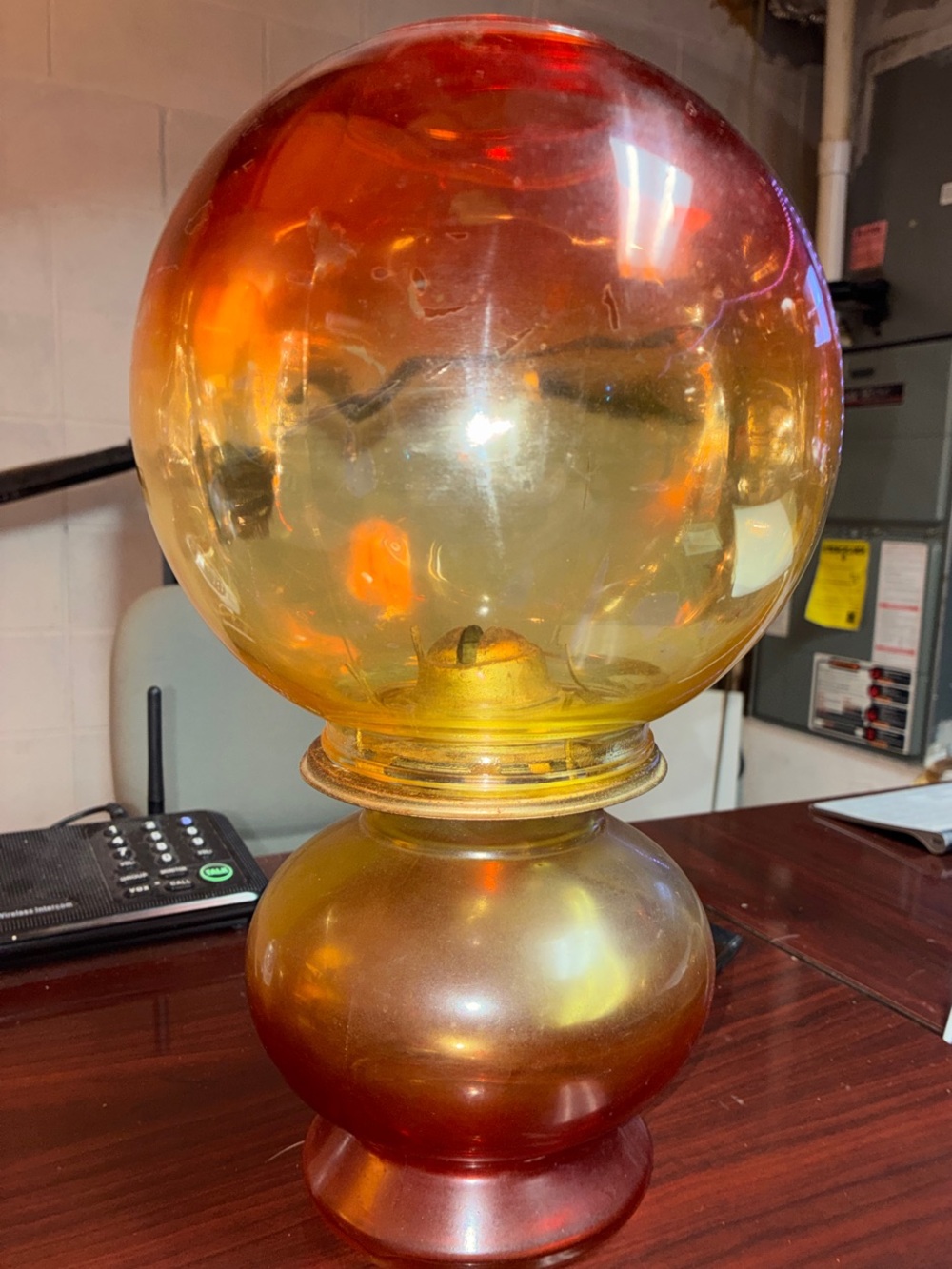 Iridescent Amber Glass Globe Lamp Base.  Burns oil.